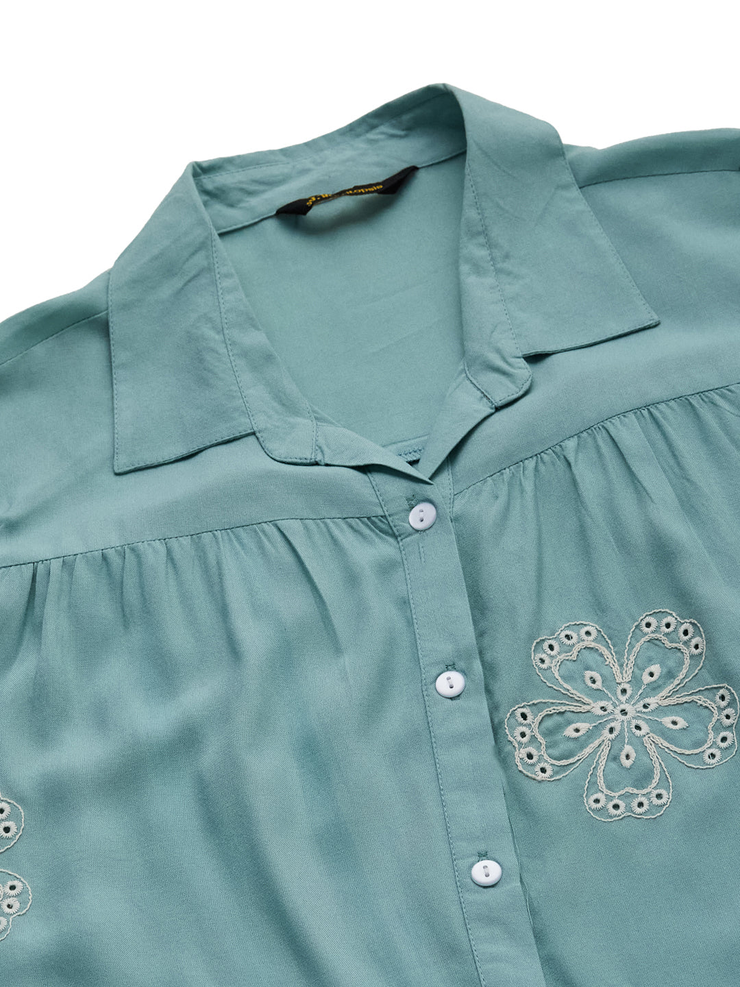 Blue Rayon Embroidered Regular Fit Women’s Shirt