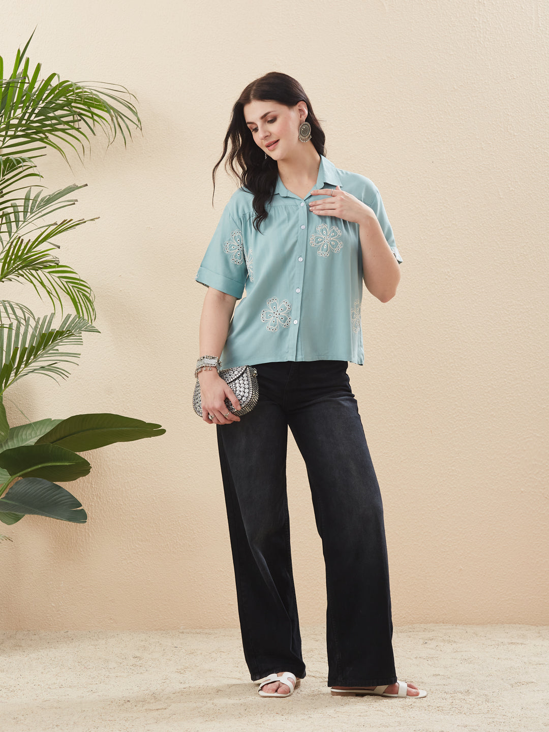 Blue Rayon Embroidered Regular Fit Women’s Shirt