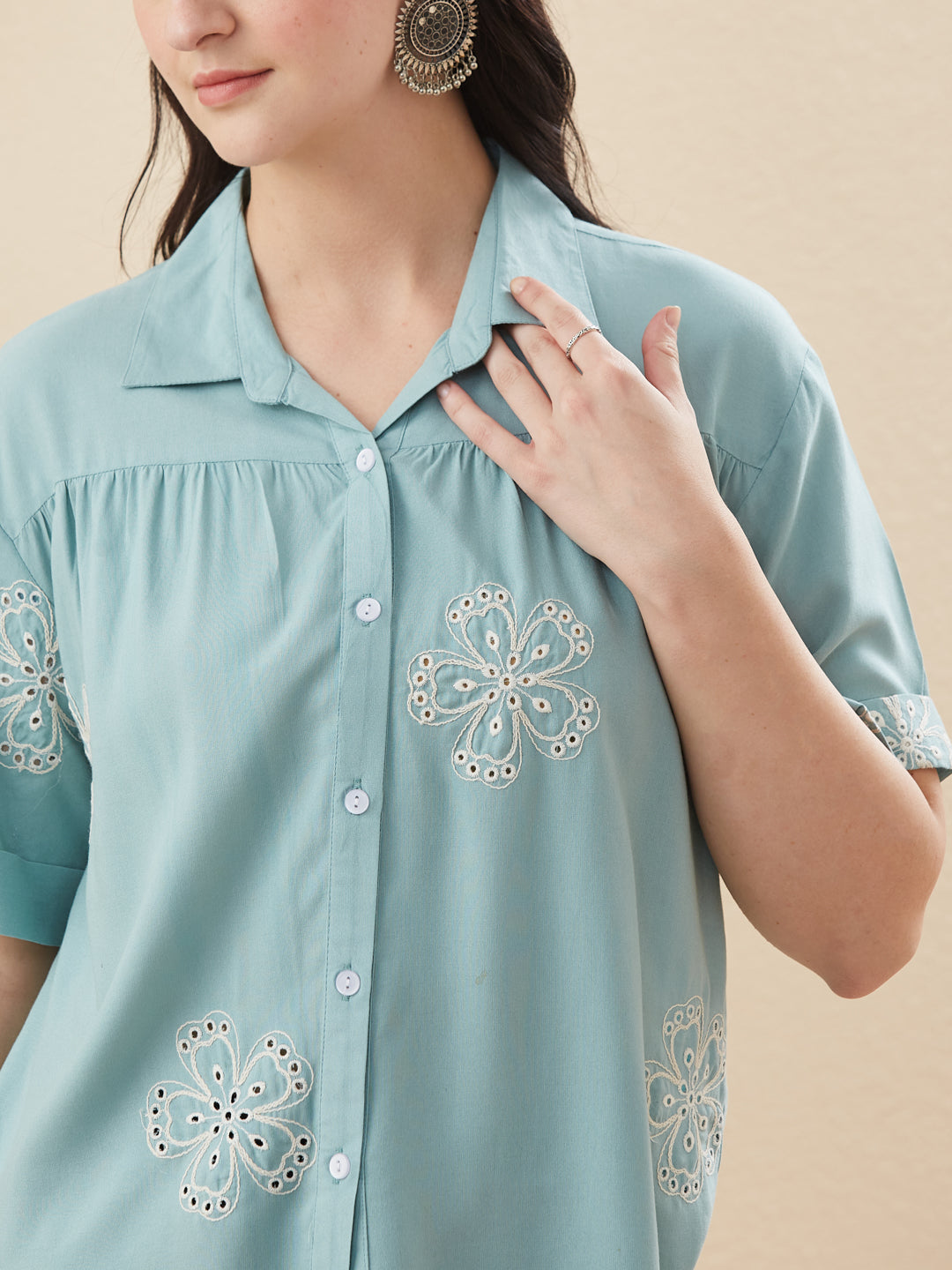 Blue Rayon Embroidered Regular Fit Women’s Shirt