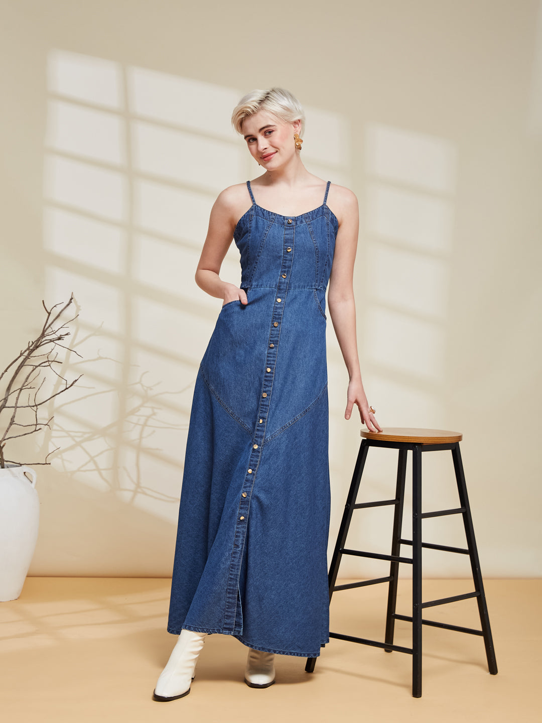 Denim Blue Fit and Flare Maxi Dress for women