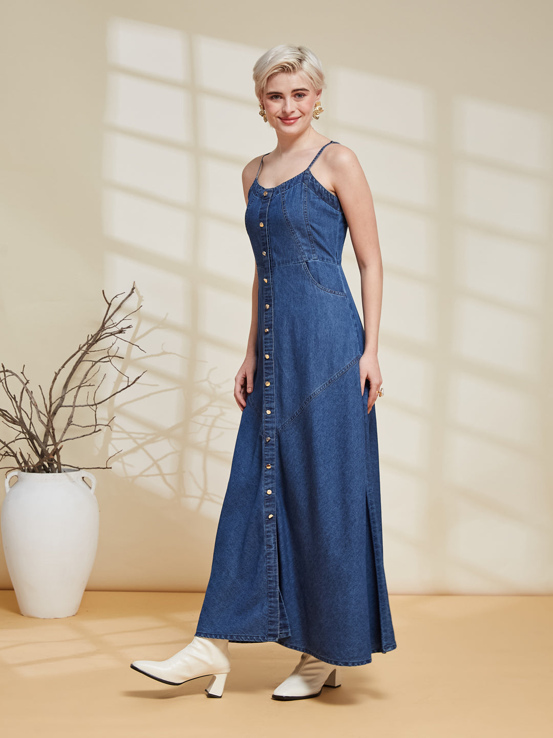 Denim Blue Fit and Flare Maxi Dress for women