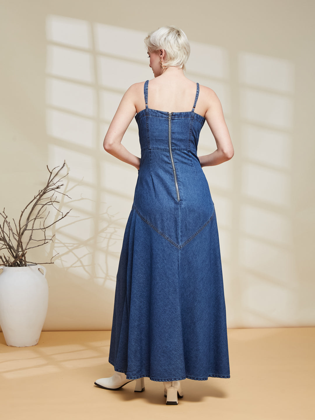 Denim Blue Fit and Flare Maxi Dress for women