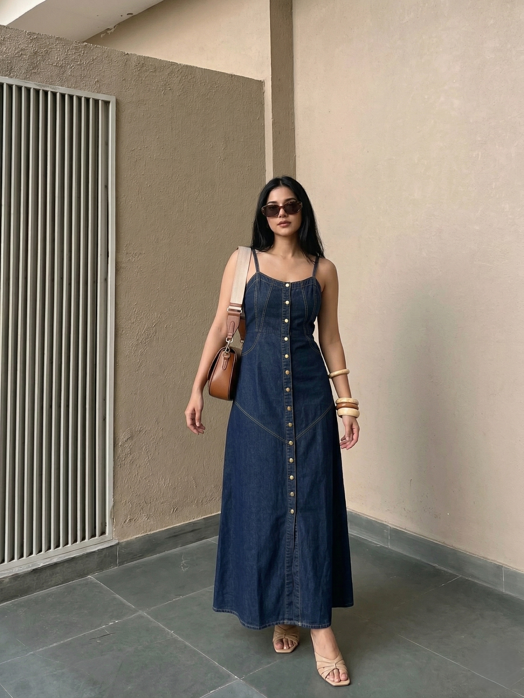 Dark Blue Denim Strap Maxi Dress for Women