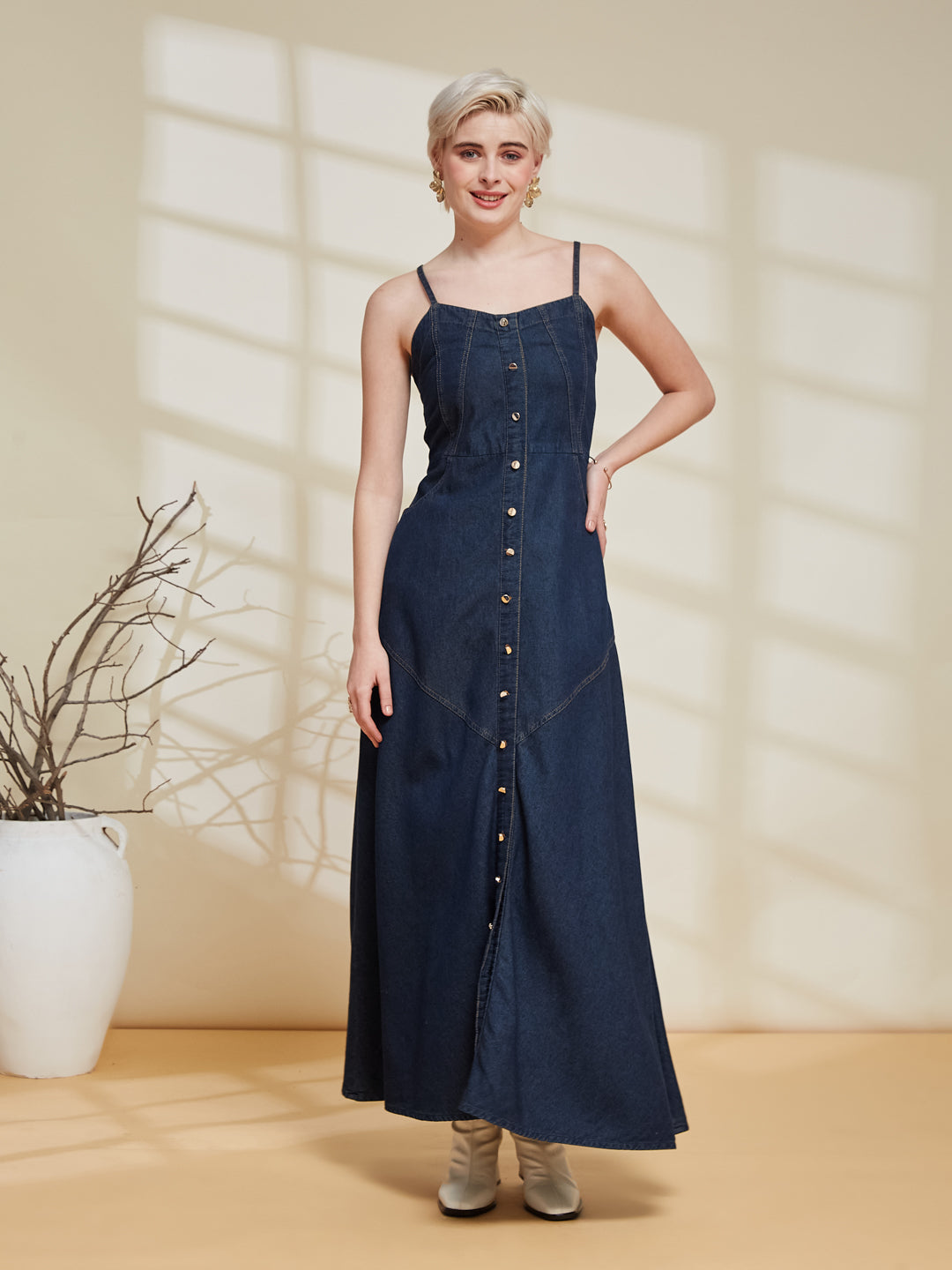 Dark Blue Denim Strap Maxi Dress for Women