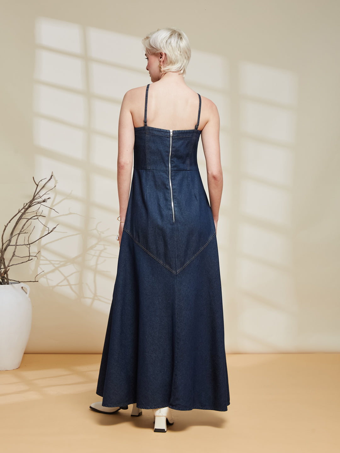 Dark Blue Denim Strap Maxi Dress for Women