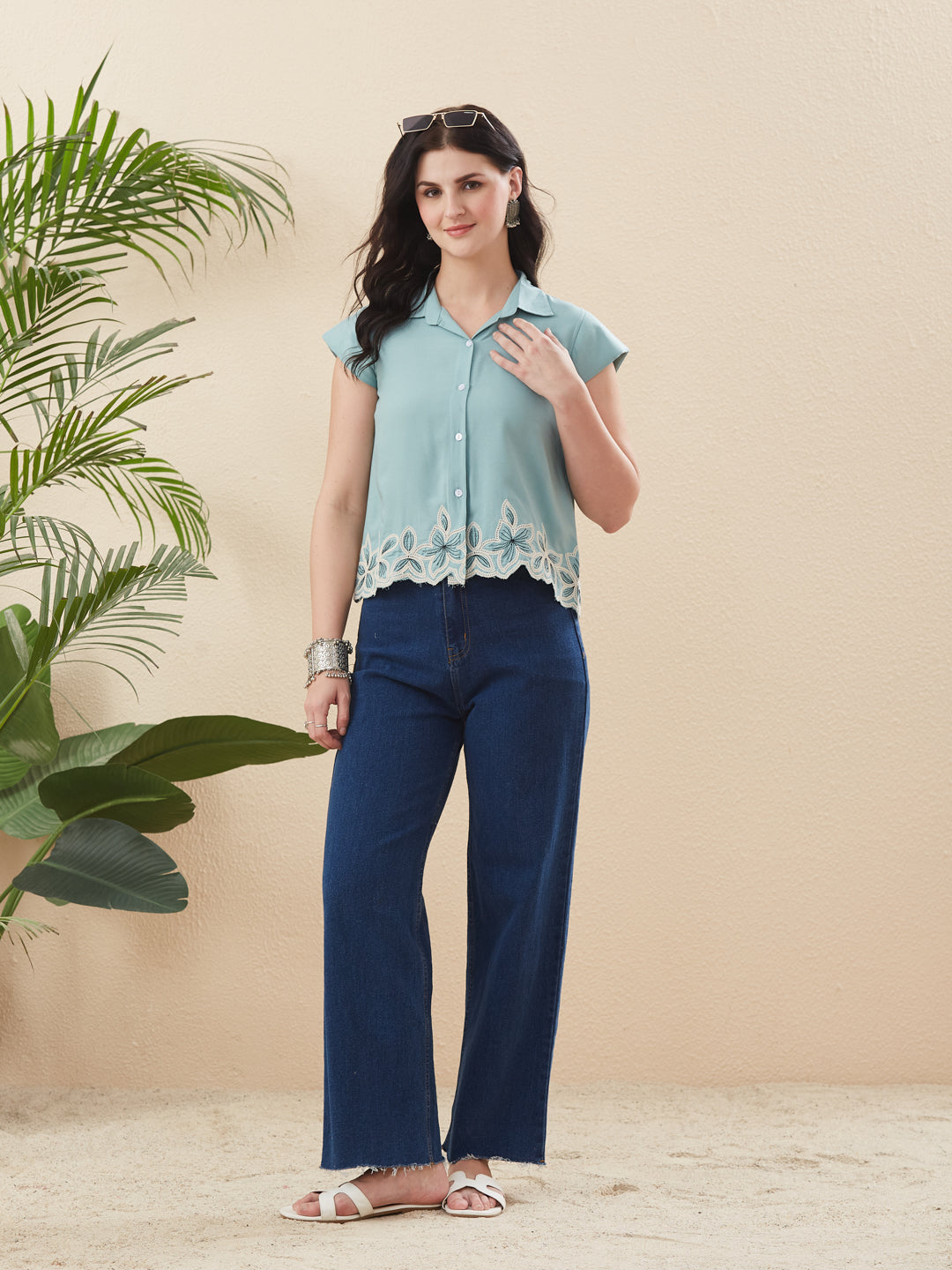 Stylish Blue Rayon Embroidered shirt for Women