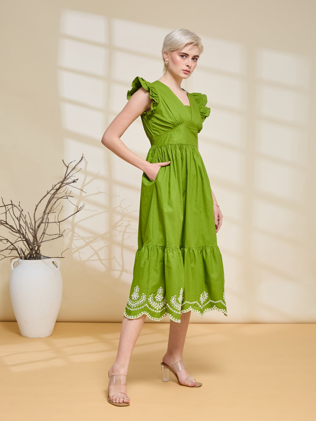 Styli Green Cotton Regular Fit Self-Pattern Midi Dress
