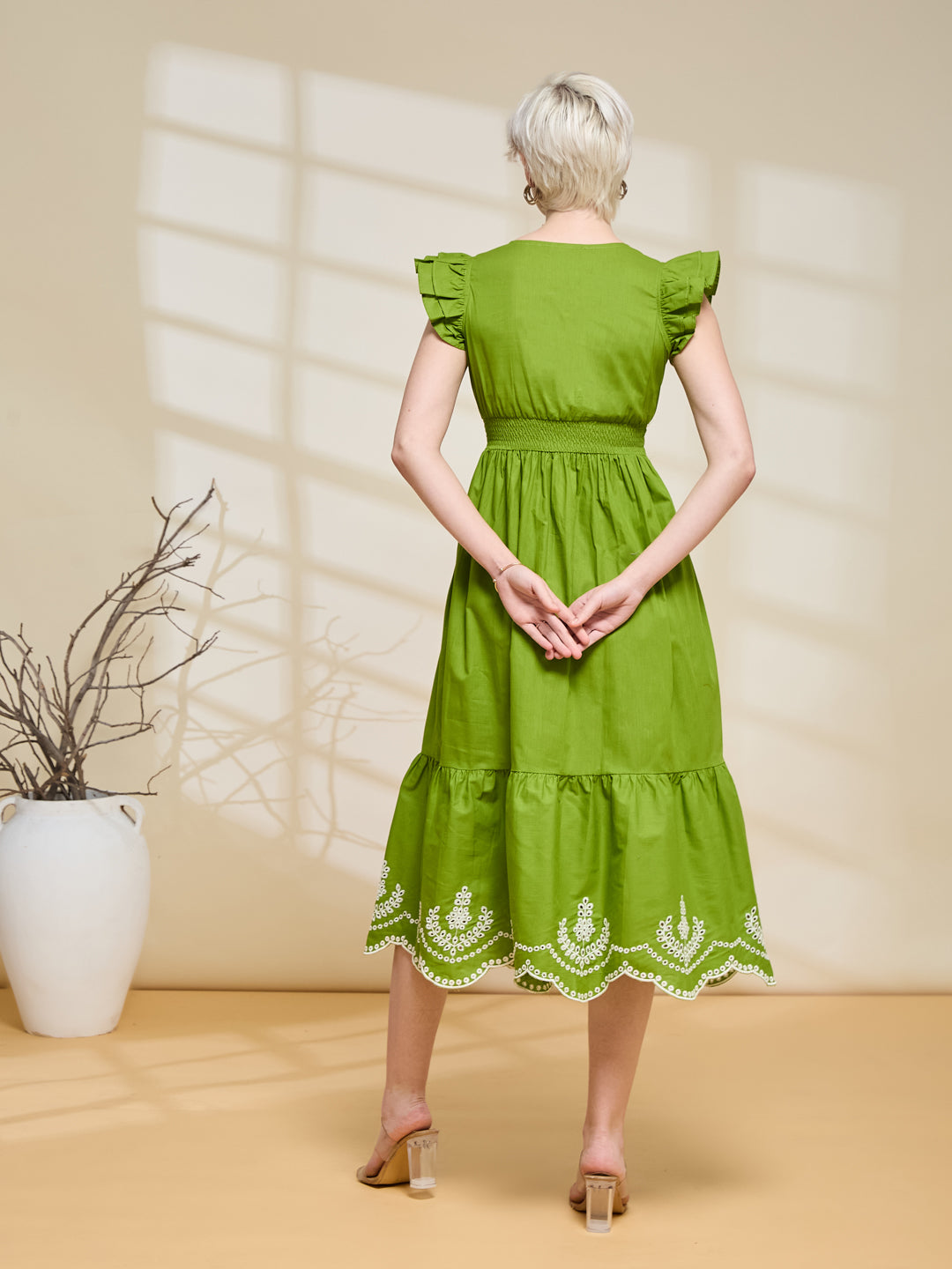 Styli Green Cotton Regular Fit Self-Pattern Midi Dress