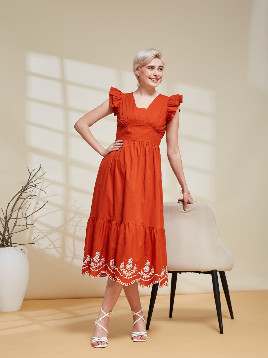 Women Self Pattern Orange Cotton Summer Dress