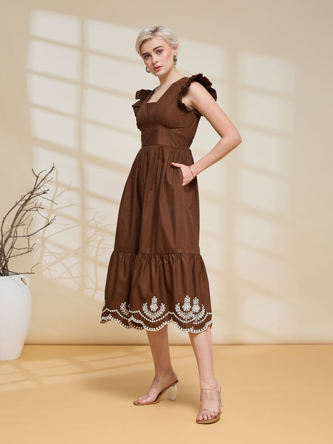 Coffee Cotton Casual Midi Dress for Women