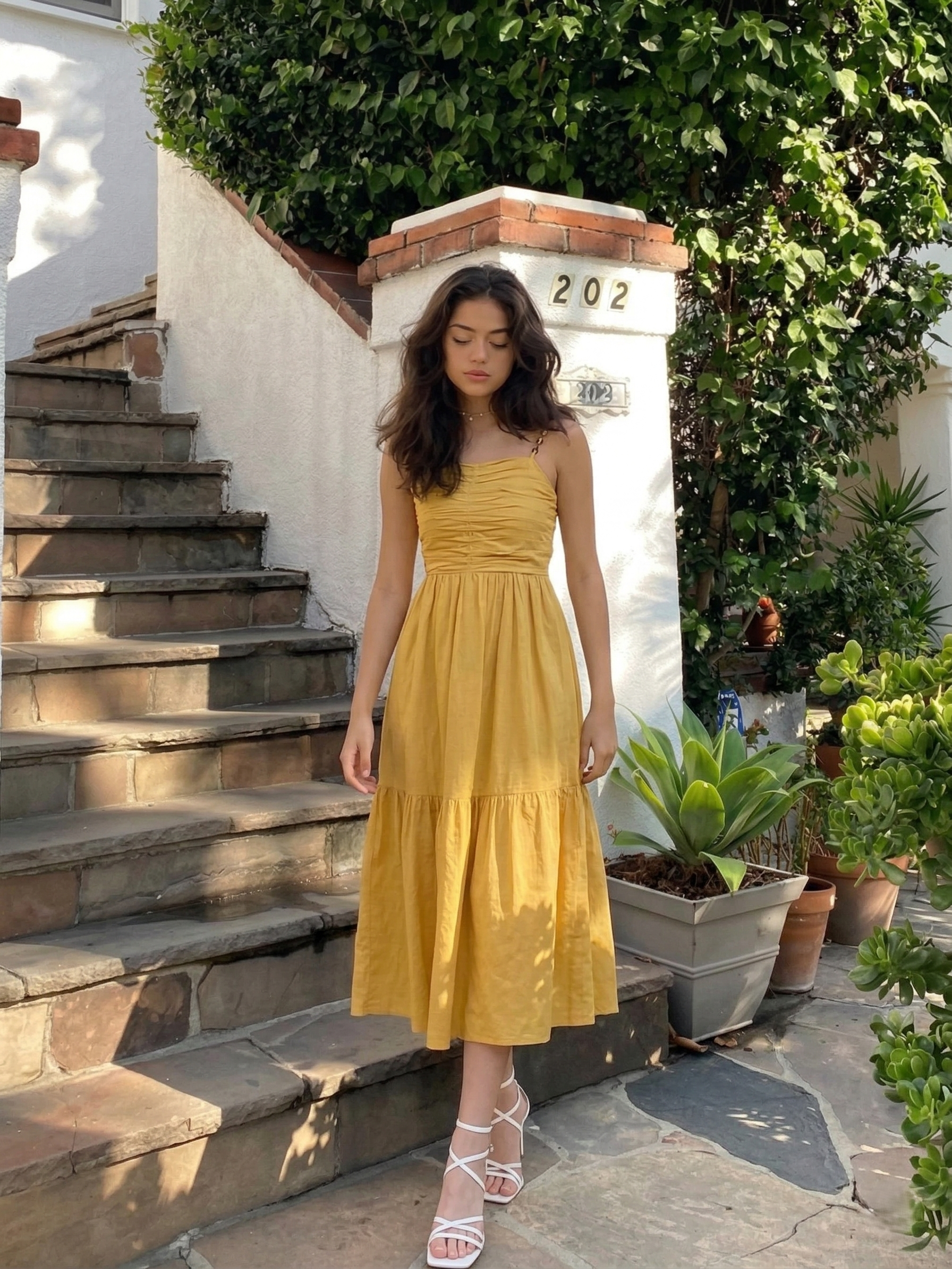 Women's Mustard Yellow Ruched Midi Dress