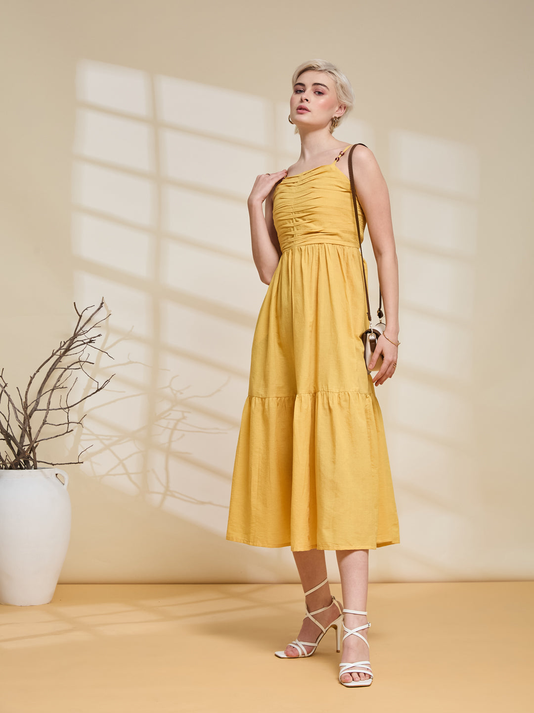 Women's Mustard Yellow Ruched Midi Dress