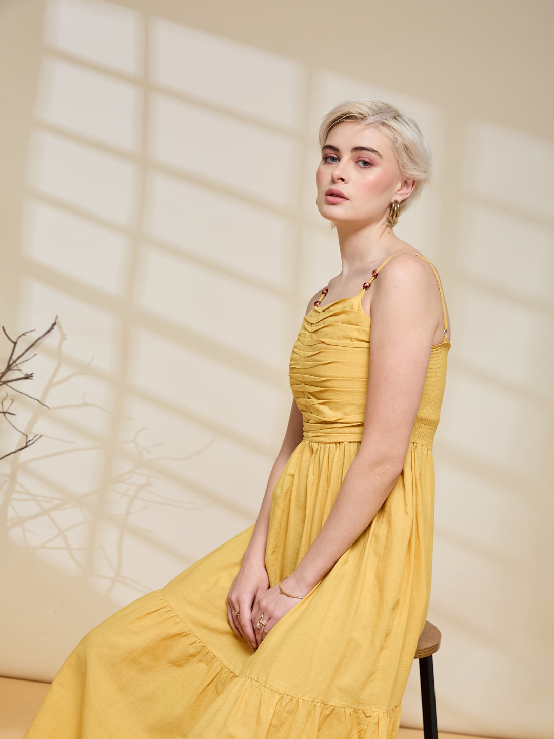 Women's Mustard Yellow Ruched Midi Dress