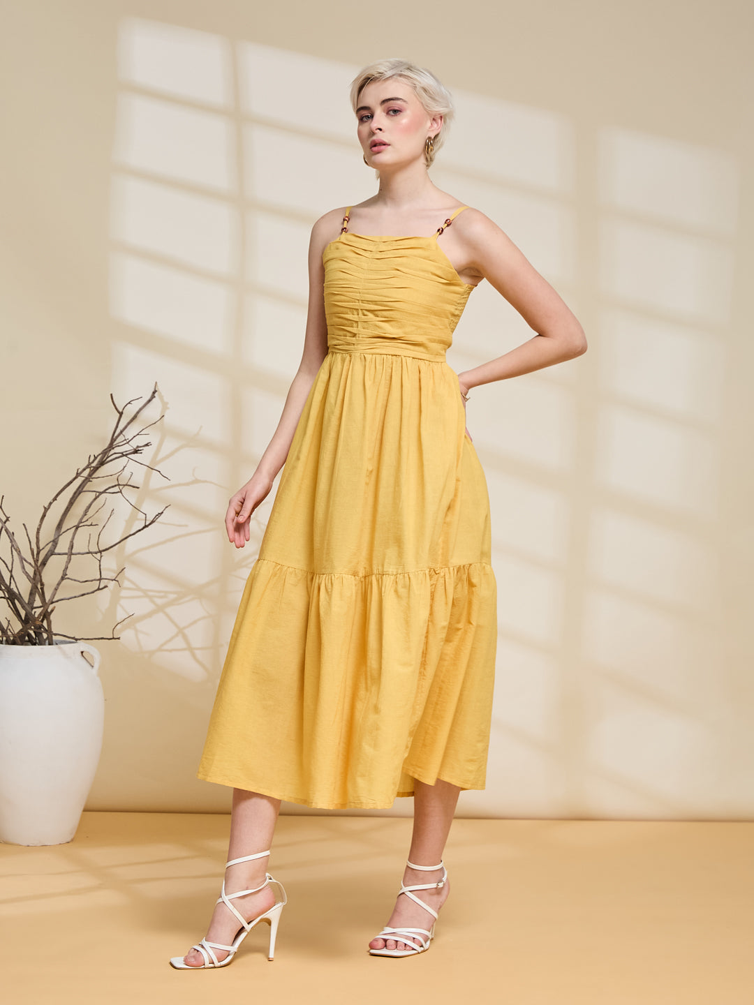 yellow ruched midi dress Women's Mustard Yellow Ruched Midi Dress