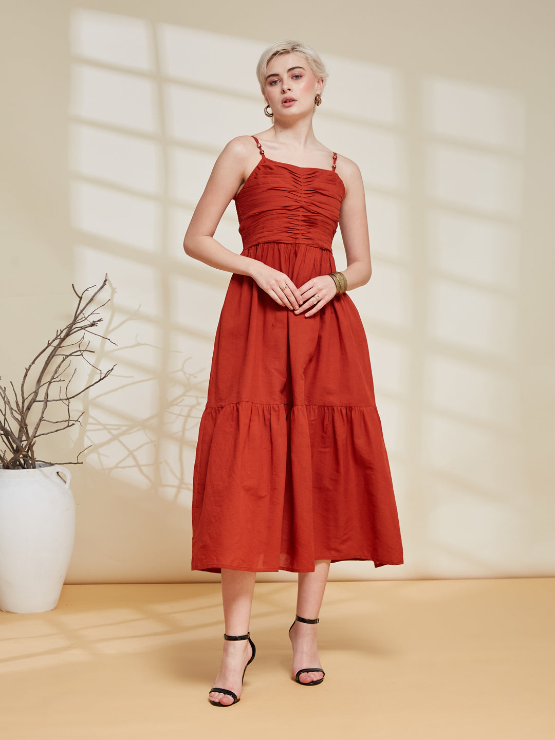 Rust Cotton Tiered Midi Dress for Women