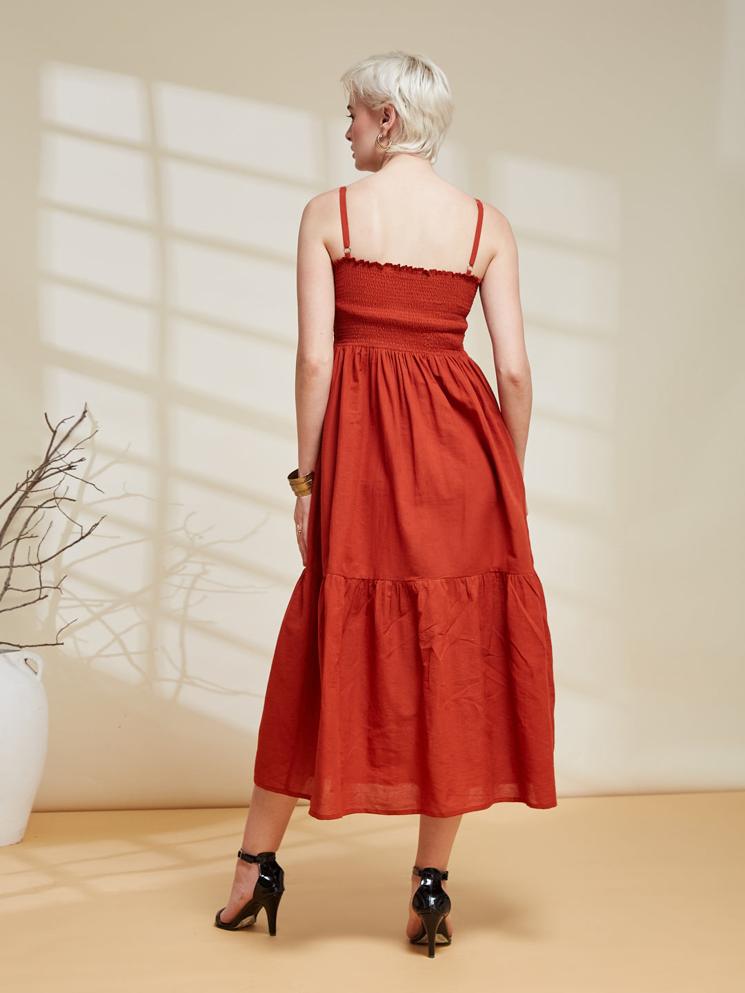 Rust Cotton Tiered Midi Dress for Women