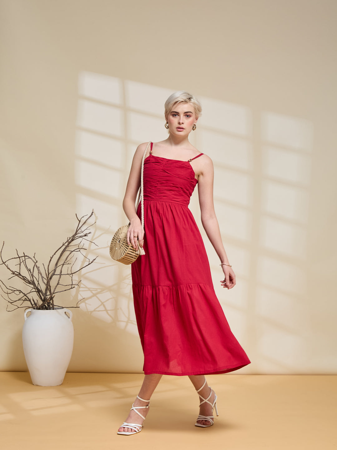 Stylish Red Cotton Midi Casual Dress for women
