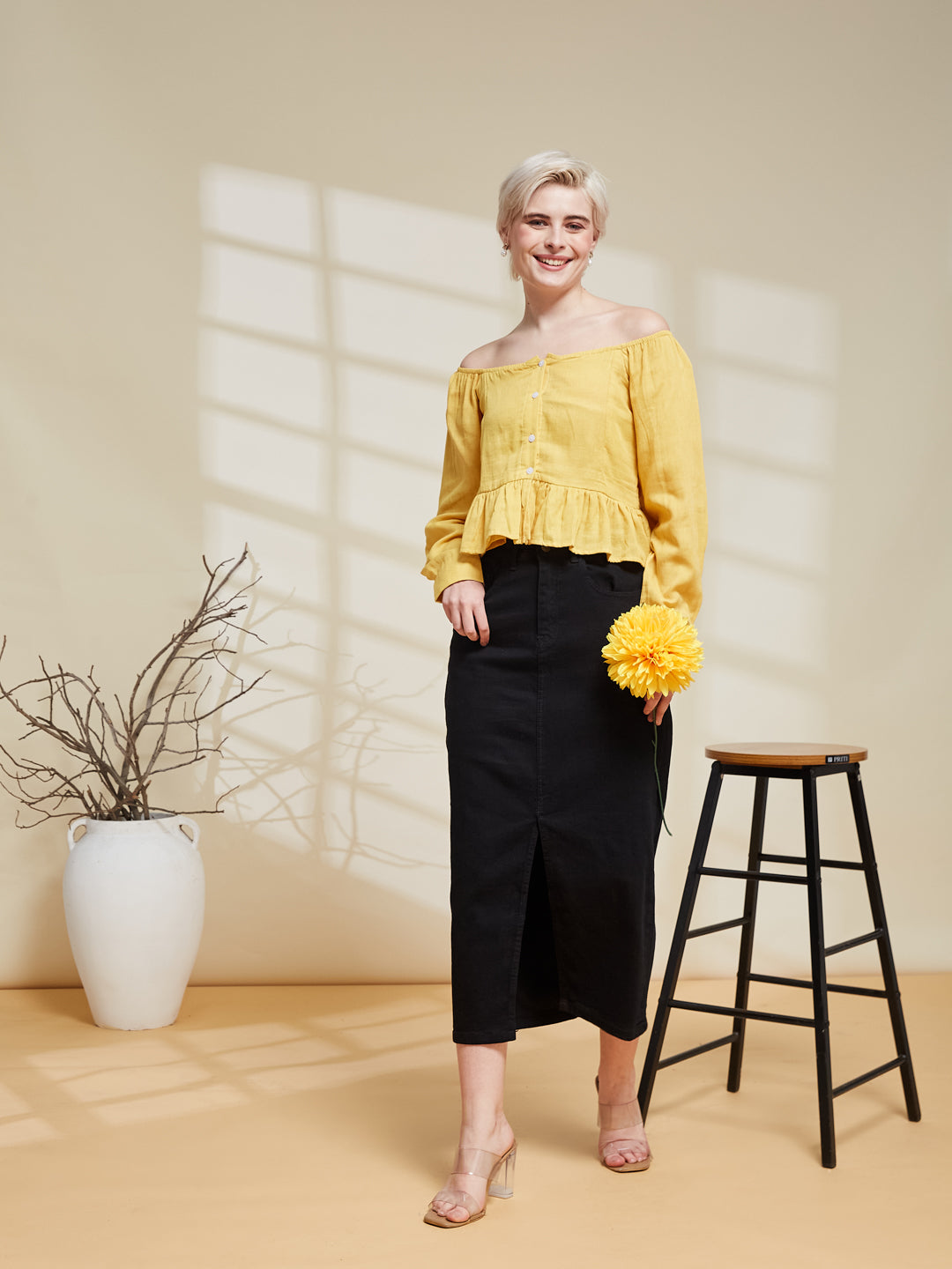 Yellow Cotton Off-Shoulder Peplum Top for Women