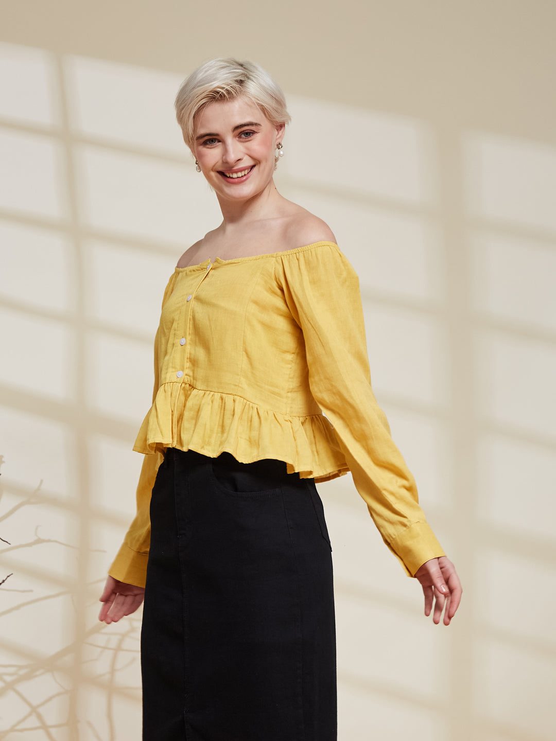 Yellow Cotton Off-Shoulder Peplum Top for Women