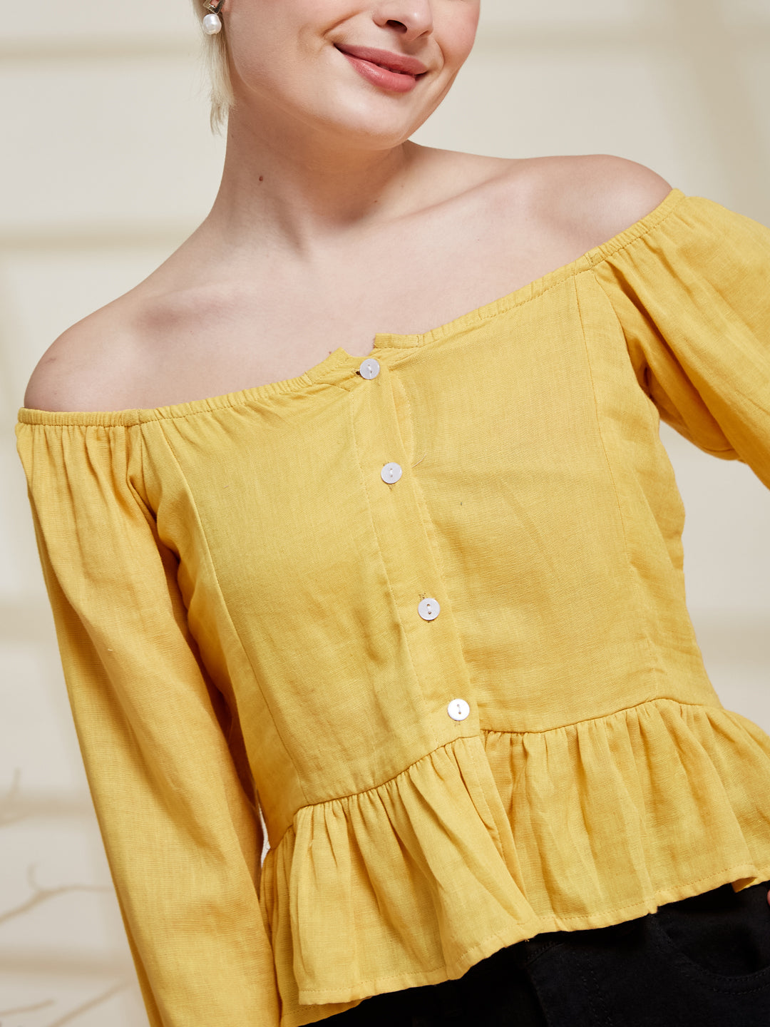 Yellow Cotton Off-Shoulder Peplum Top for Women