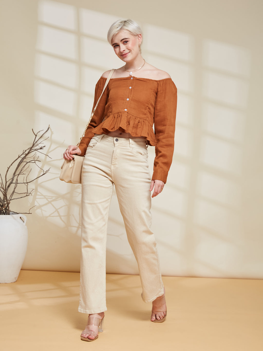 Brown Cotton Off-Shoulder Peplum Top for Women