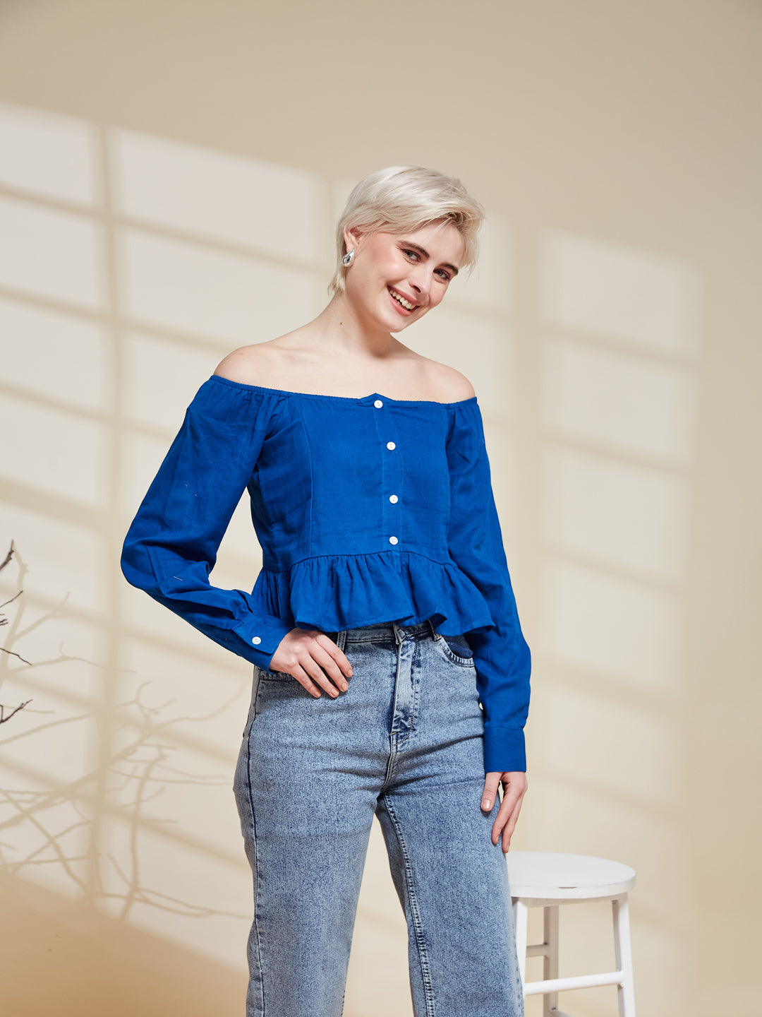 Blue Cotton Off-Shoulder Peplum Top for Women