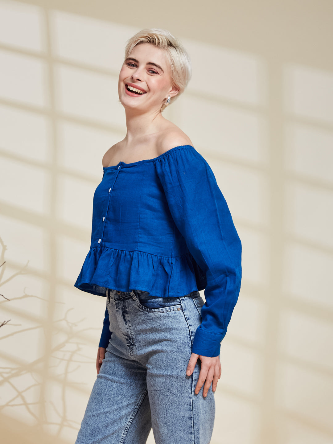 Blue Cotton Off-Shoulder Peplum Top for Women