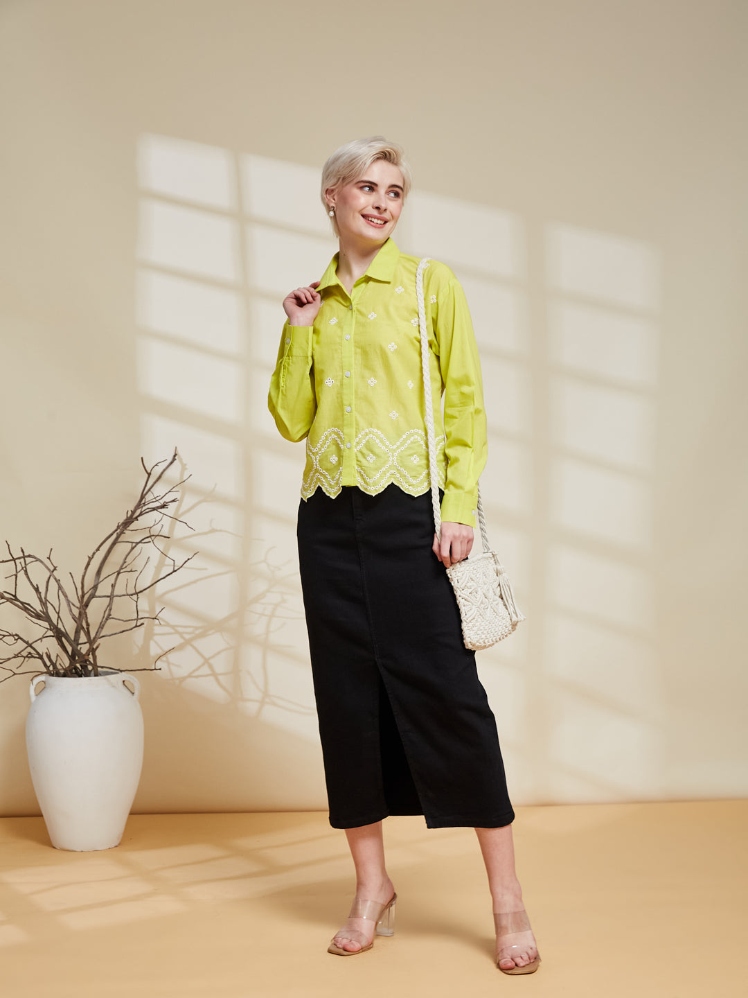 Women's Neon Cotton Embroidered Shirt