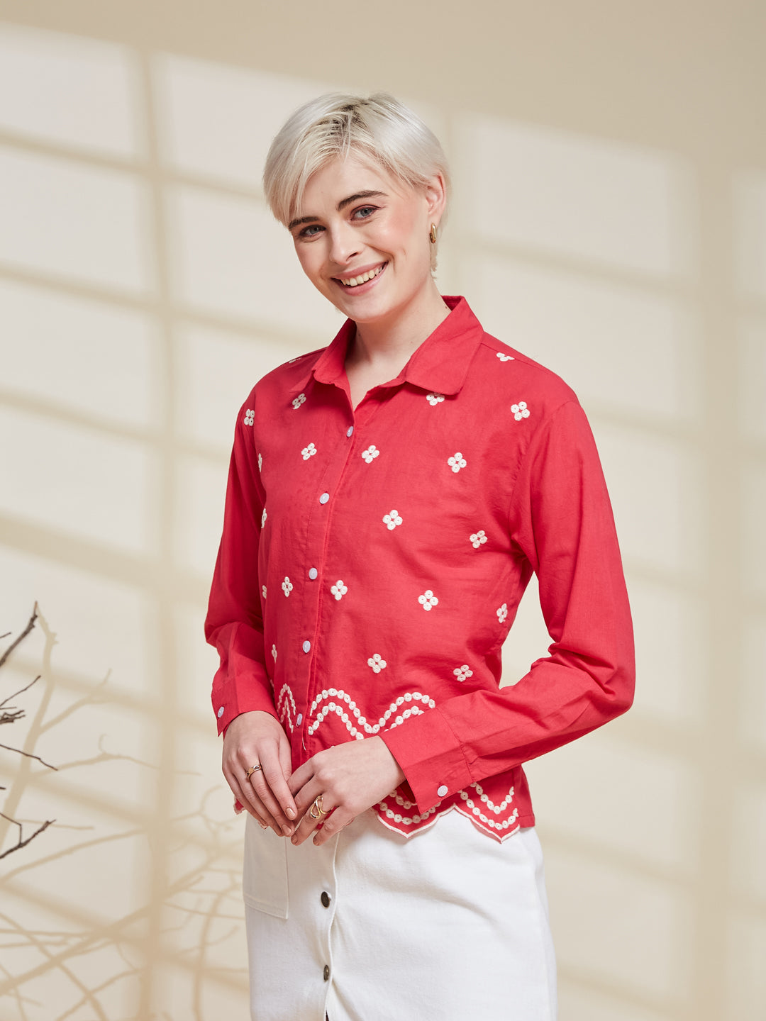 Pink Embroidered Cotton Shirt for Women