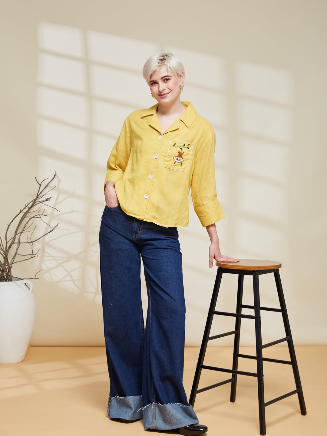 Yellow Cotton Embroidered Casual Shirt For Women