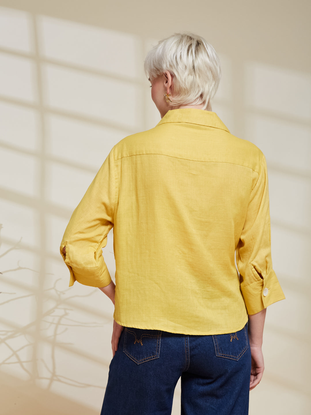 Yellow Cotton Embroidered Casual Shirt For Women