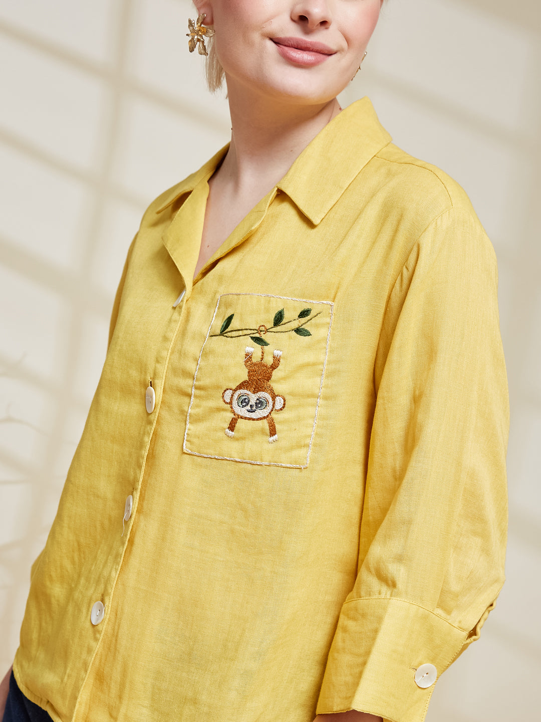 Yellow Cotton Embroidered Casual Shirt For Women