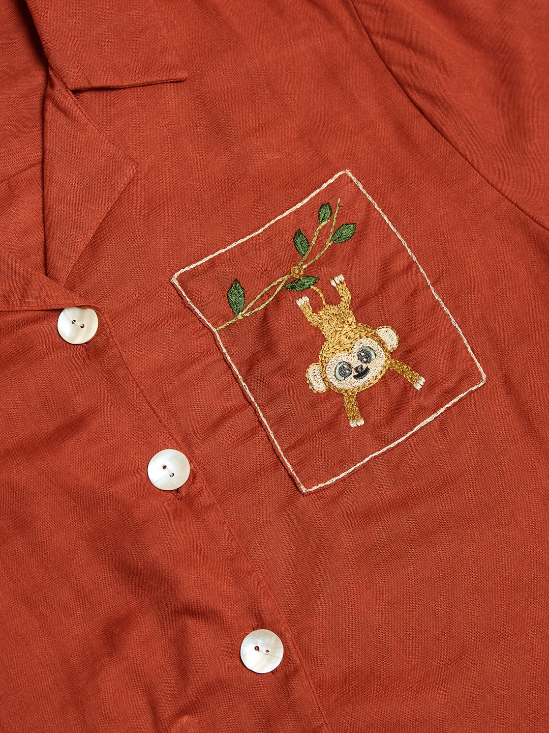Orange Cotton Embroidered Casual Button-Down Shirt For Women