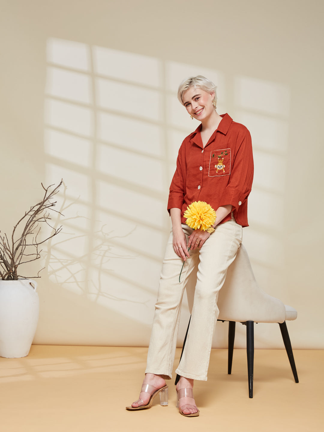 Orange Cotton Embroidered Casual Button-Down Shirt For Women