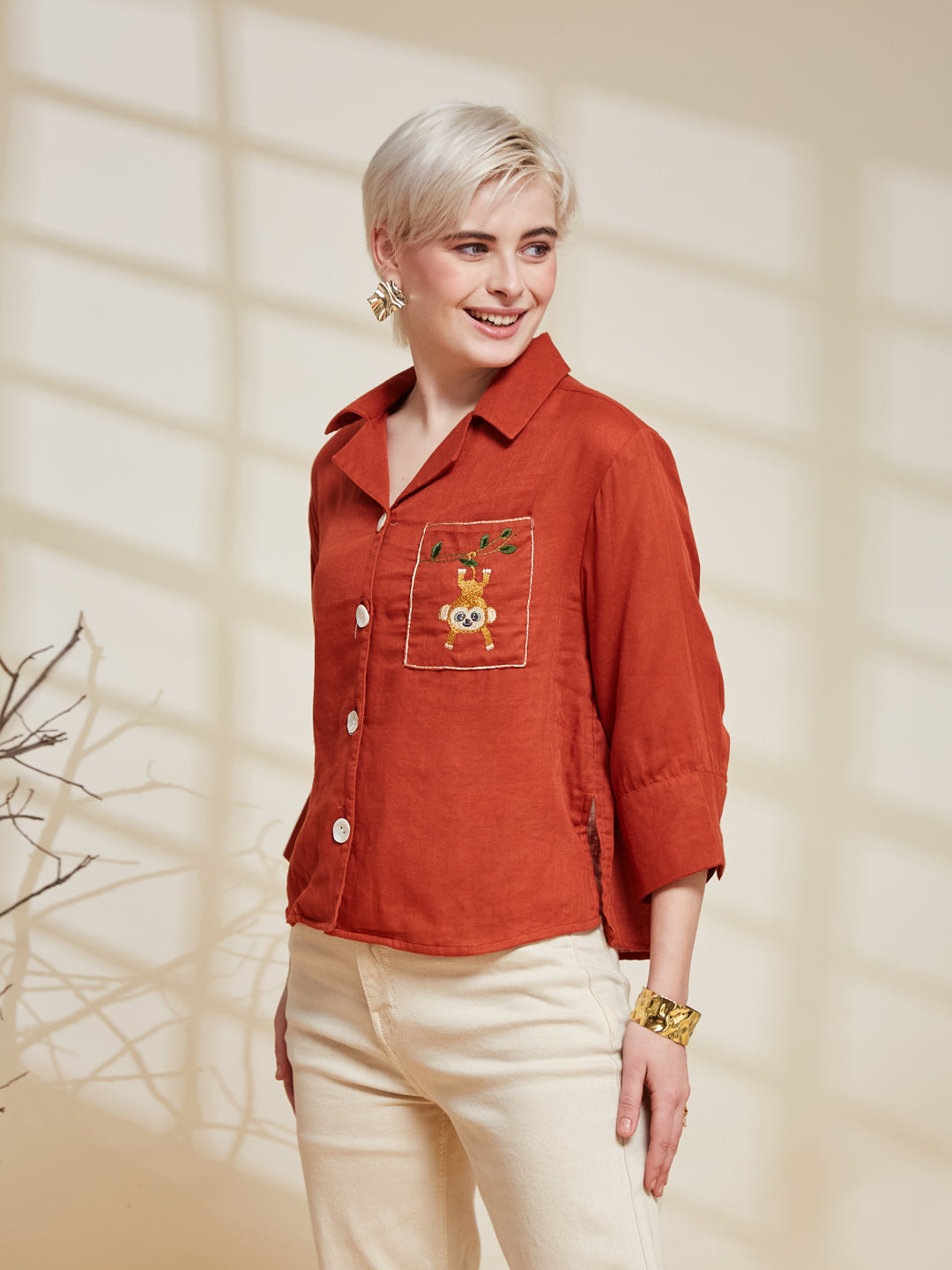 Orange Cotton Embroidered Casual Button-Down Shirt For Women