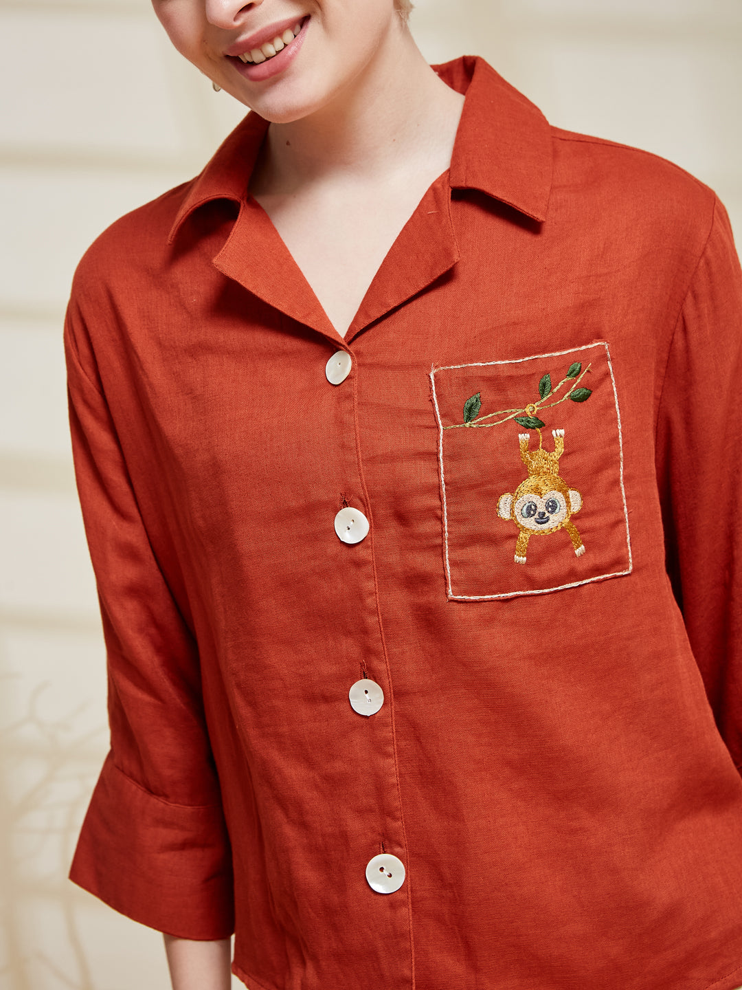 Orange Cotton Embroidered Casual Button-Down Shirt For Women