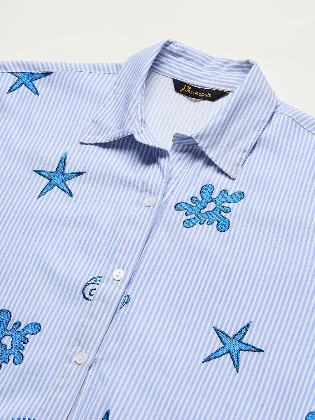 Blue Rayon Striped Embroidered Casual Shirt for Women
