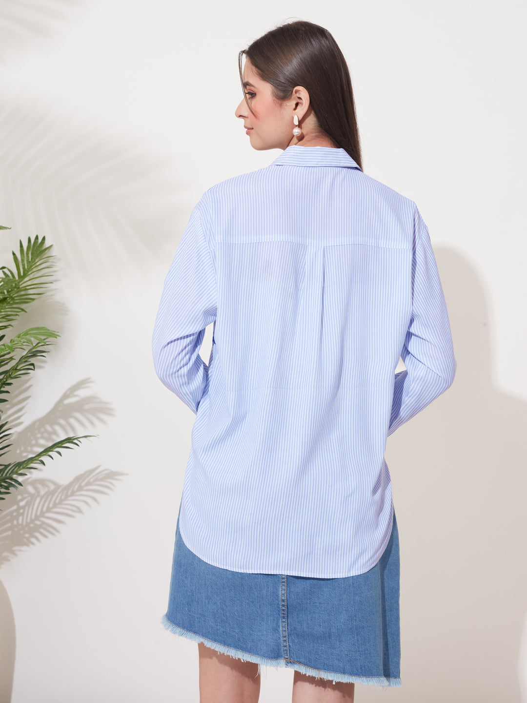 Blue Rayon Striped Embroidered Casual Shirt for Women