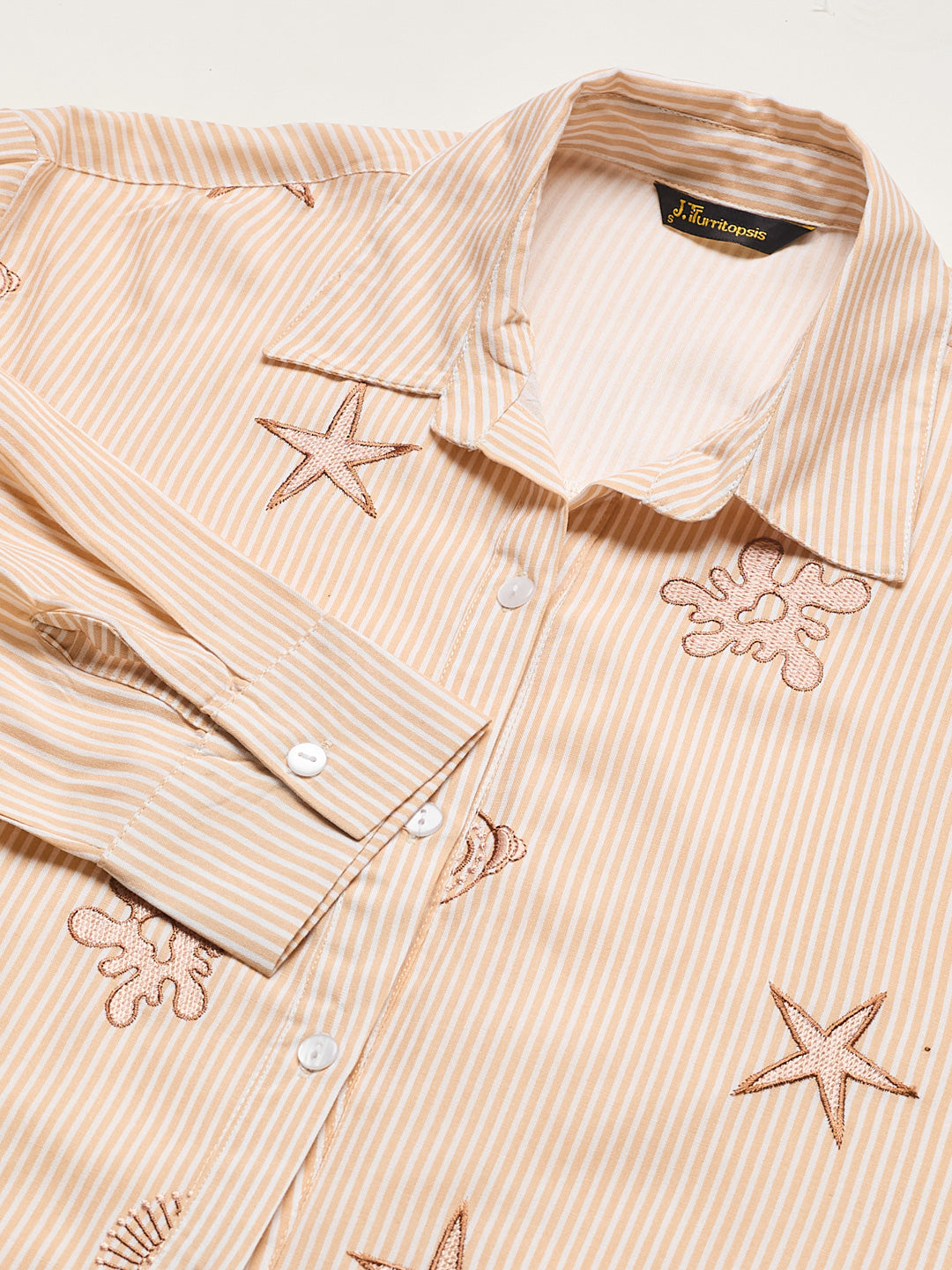 Women's Casual Cream Rayon Striped Embroidered Button-Down Shirt