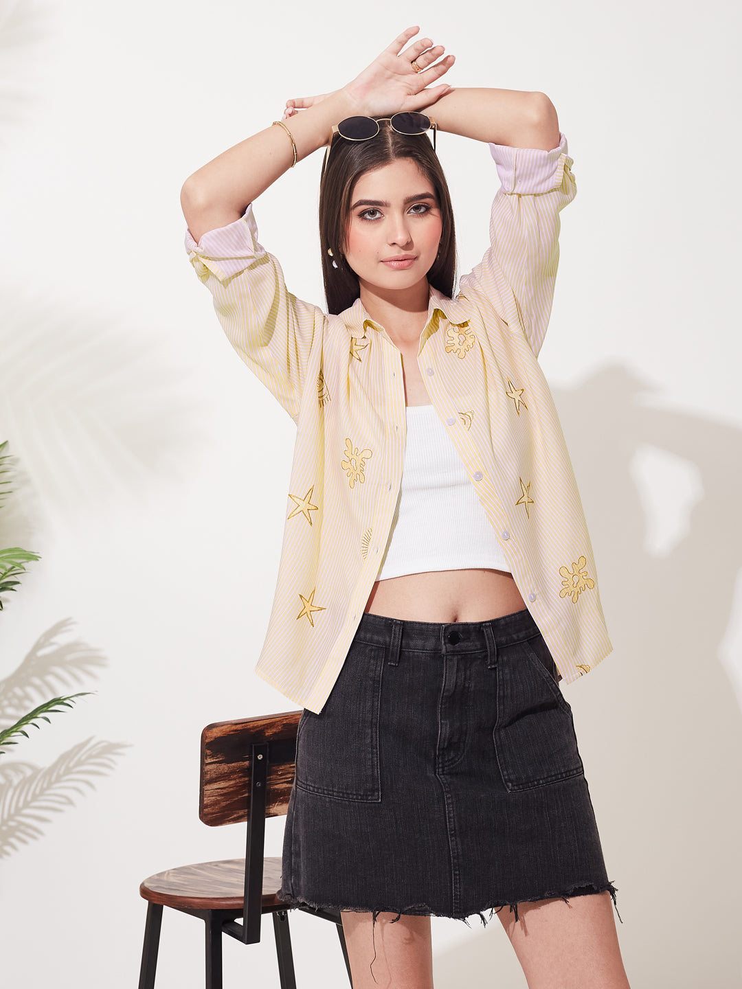 Women's Casual Cream Rayon Striped Embroidered Button-Down Shirt