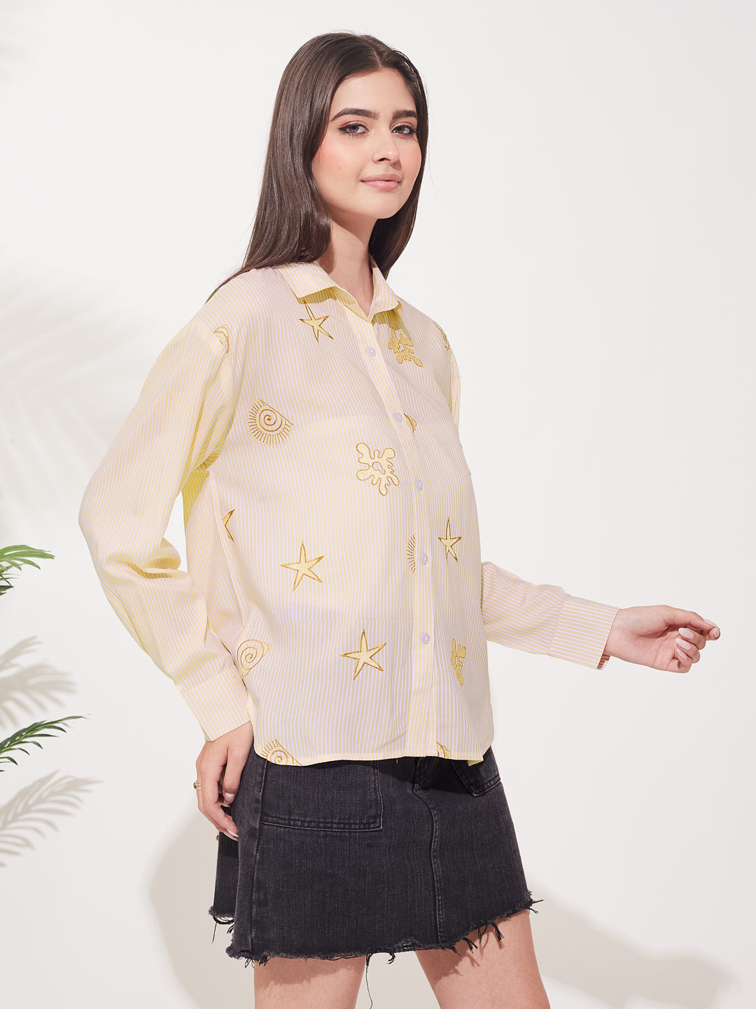 Women's Casual Cream Rayon Striped Embroidered Button-Down Shirt
