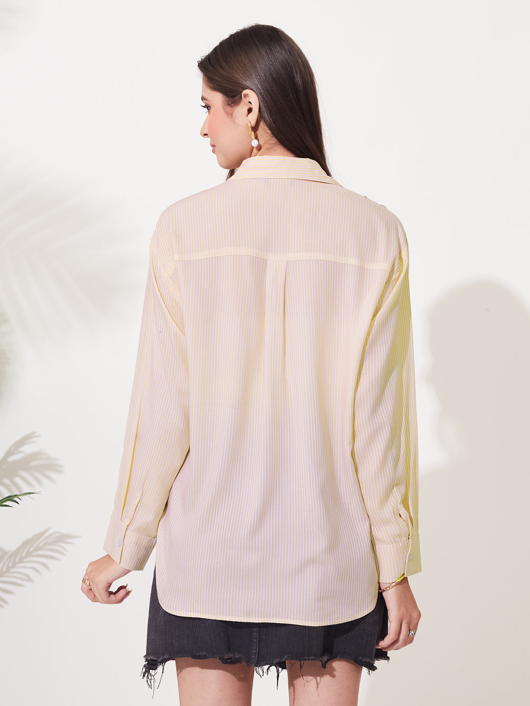 Women's Casual Cream Rayon Striped Embroidered Button-Down Shirt