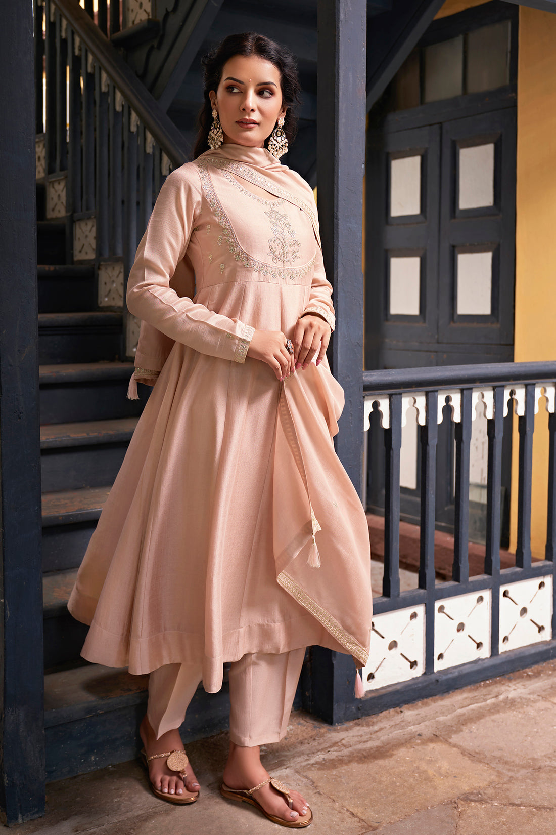 Mauve Pink Embroidered Cotton Anarkali Kurta Set with Dupatta main image 1