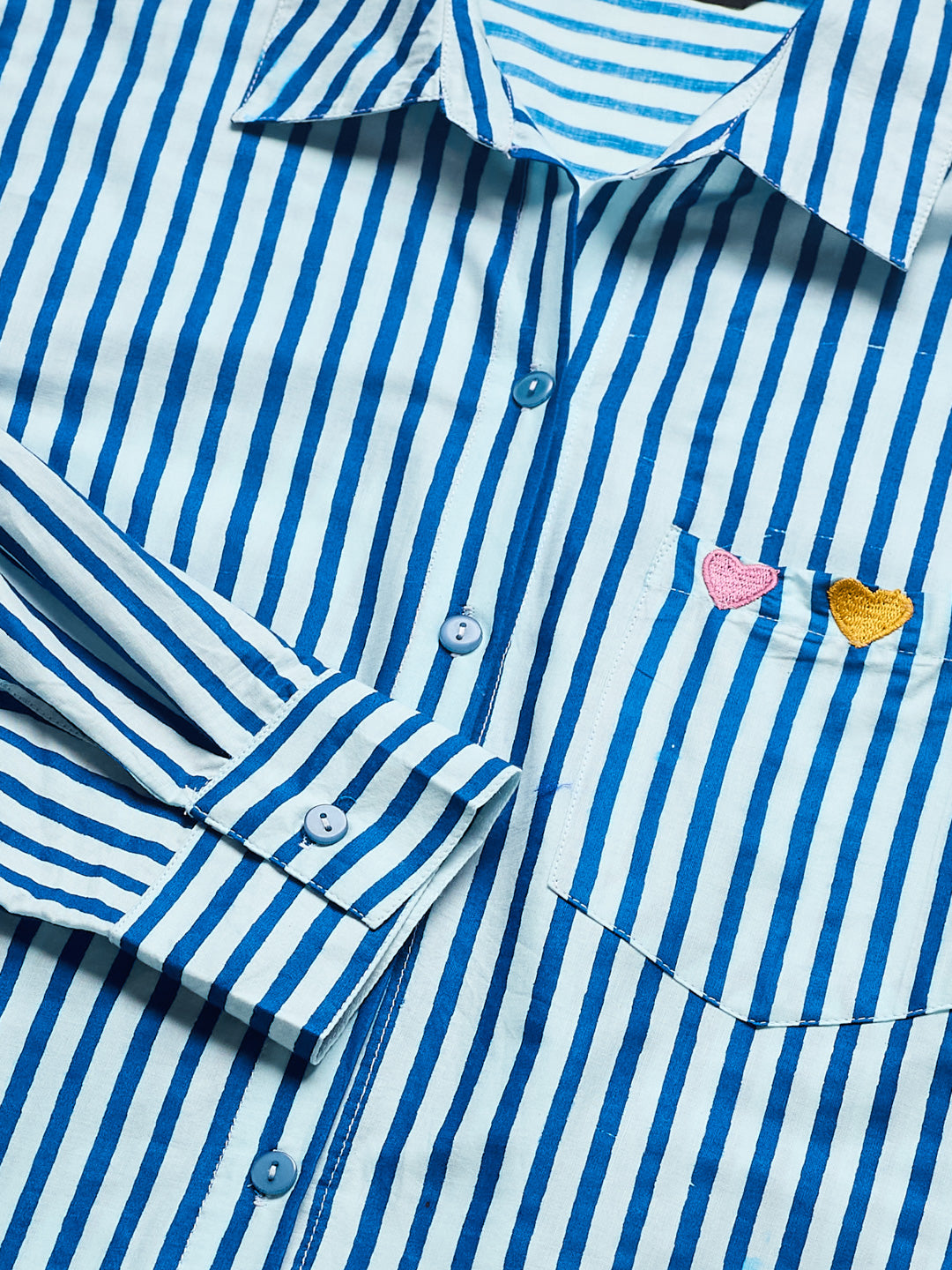 Women’s Royal Blue Cotton Striped Oversized Shirt with Embroidered Pocket