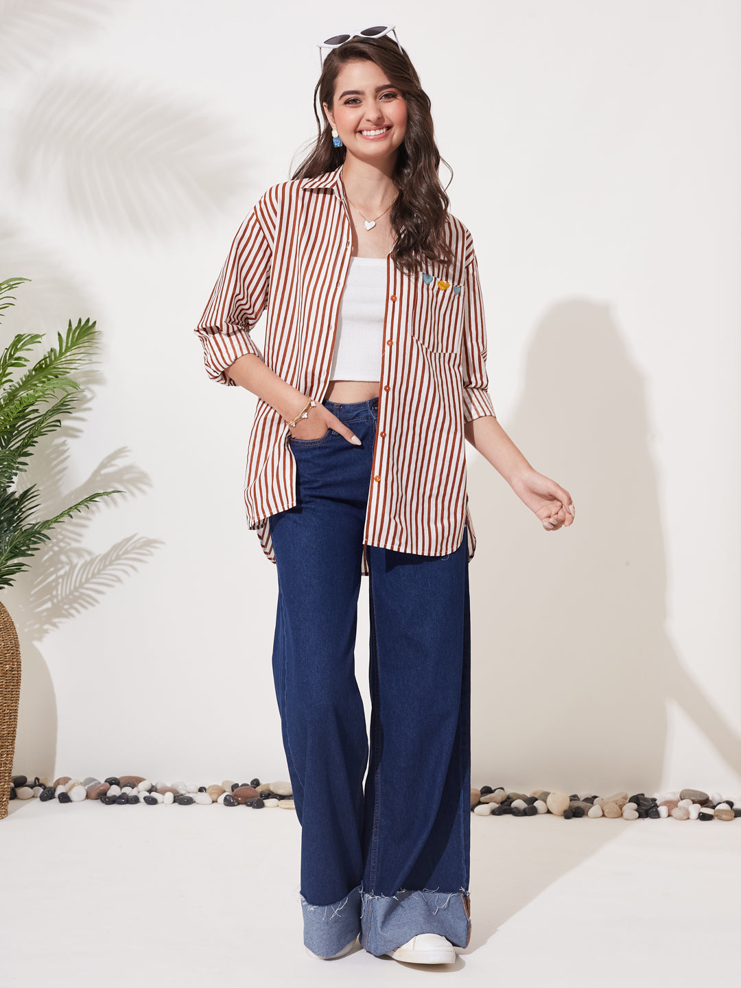 Women’s Rust Red Cotton Striped Relaxed Fit Shirt