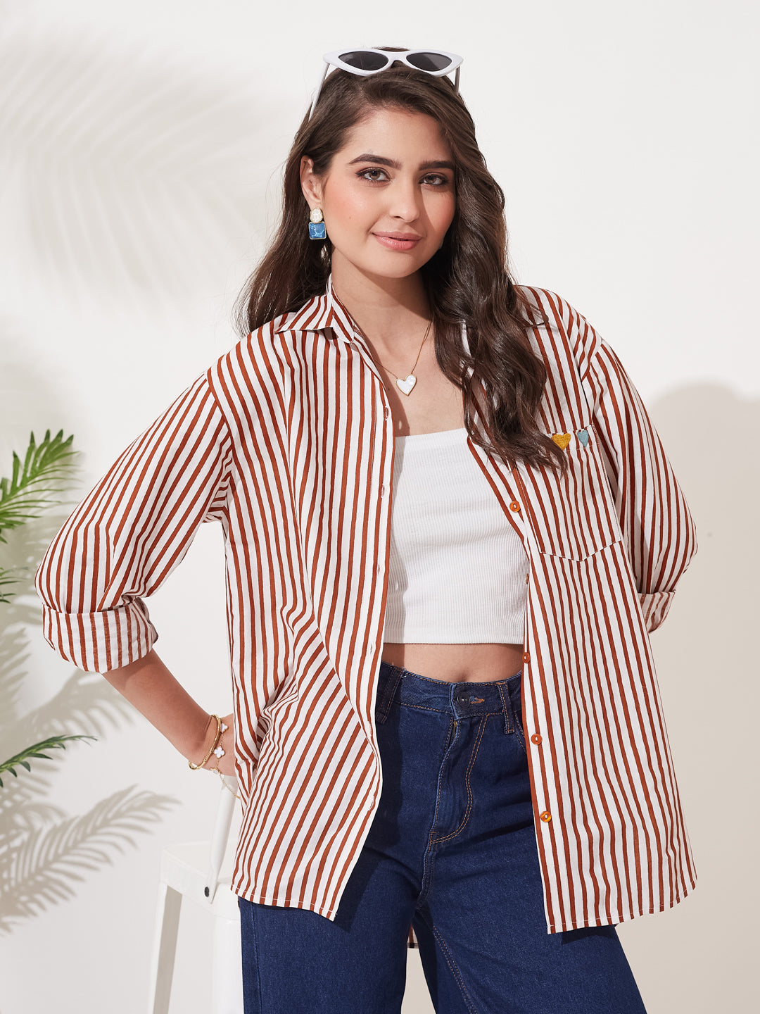Women’s Rust Red Cotton Striped Relaxed Fit Shirt