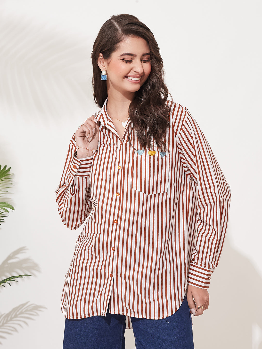 Women’s Rust Red Cotton Striped Relaxed Fit Shirt