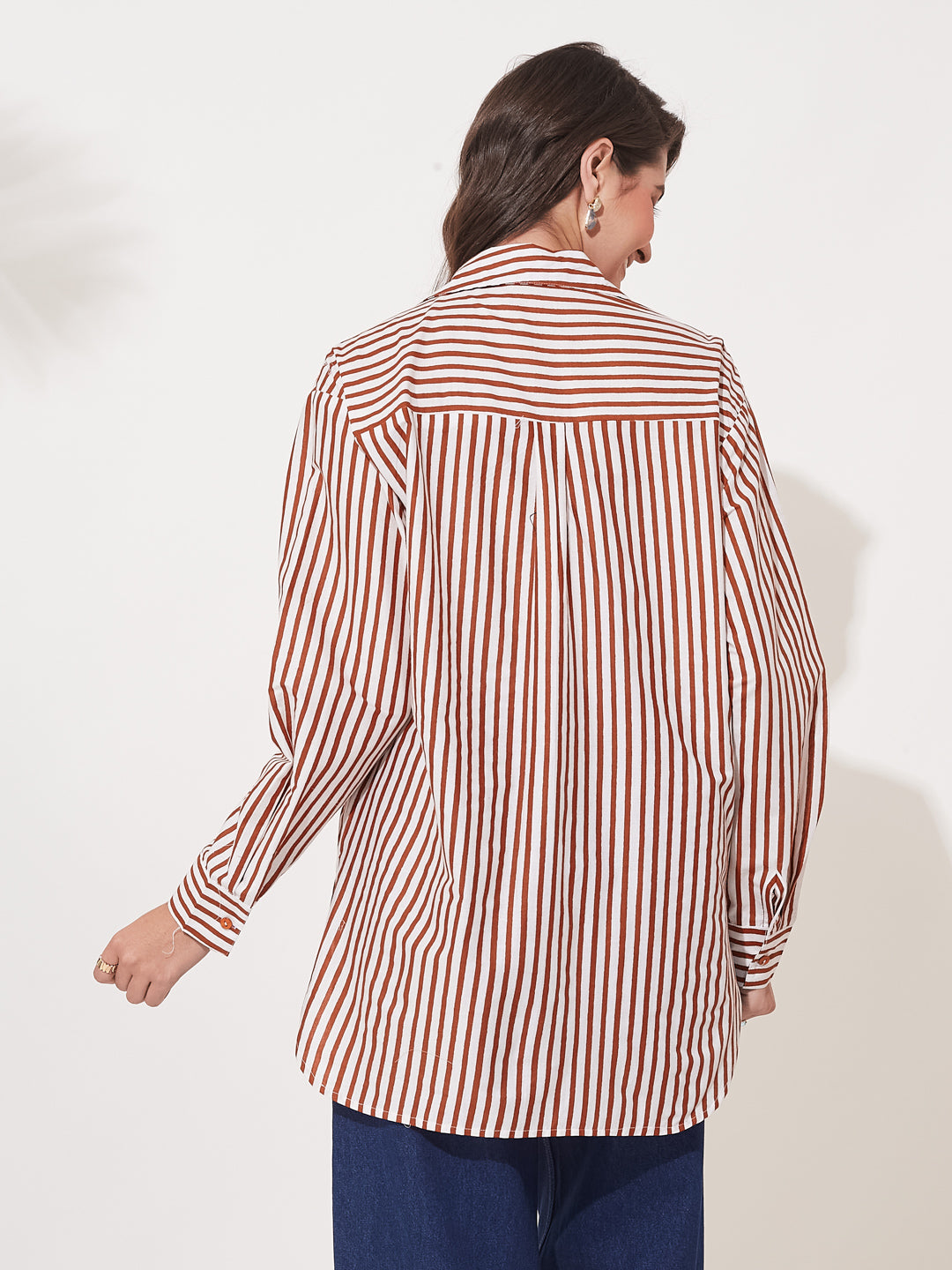 Women’s Rust Red Cotton Striped Relaxed Fit Shirt