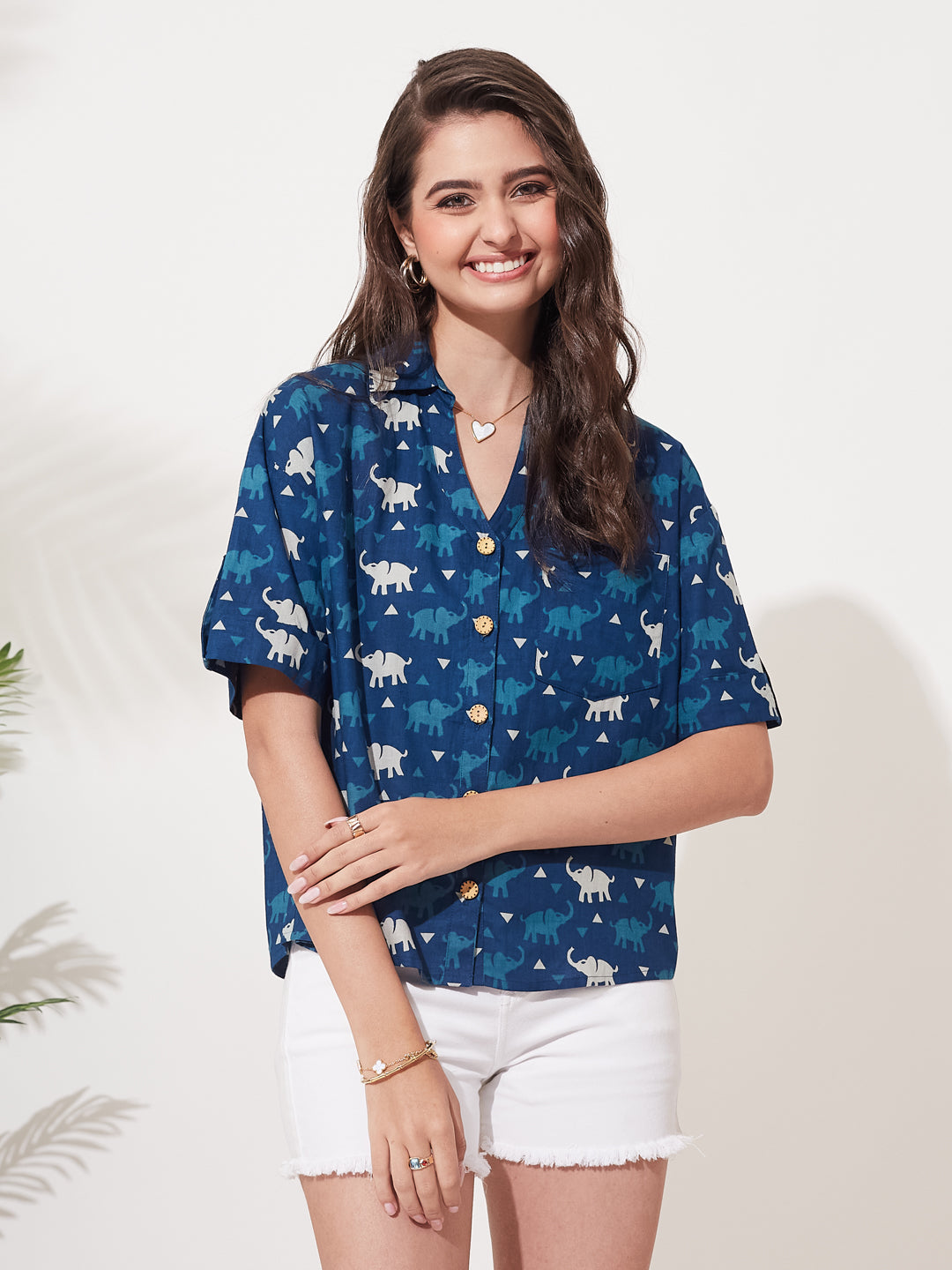 Women’s Indigo Cotton Printed Button-Down Shirt