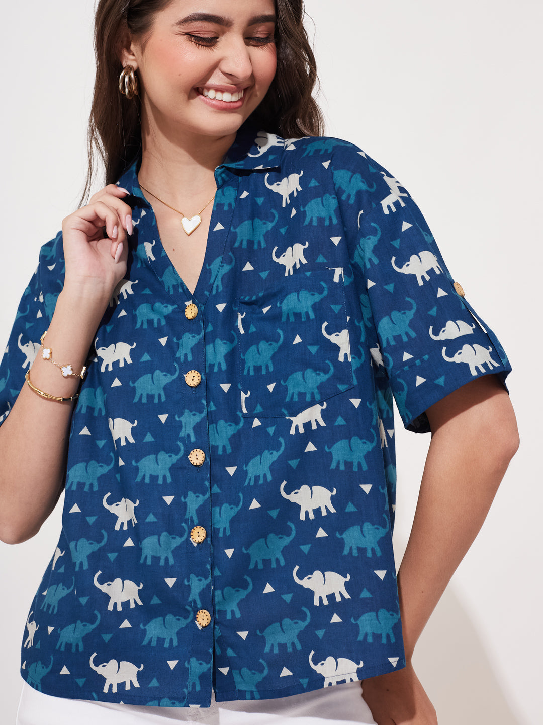 Women’s Indigo Cotton Printed Button-Down Shirt